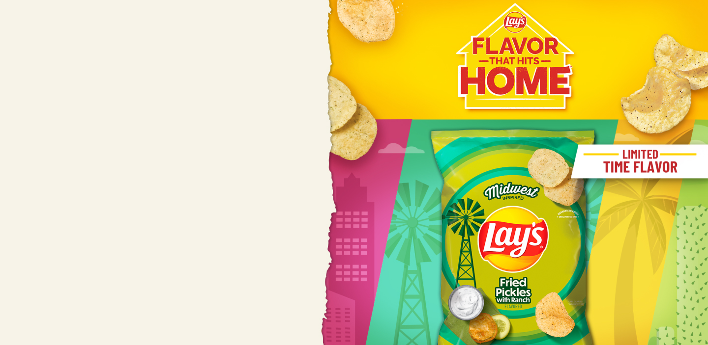 Inspired by the Midwest, try Lay's Fried Pickles & Ranch flavored potato chips today. Available for purchase nationwide only on Snacks.com 